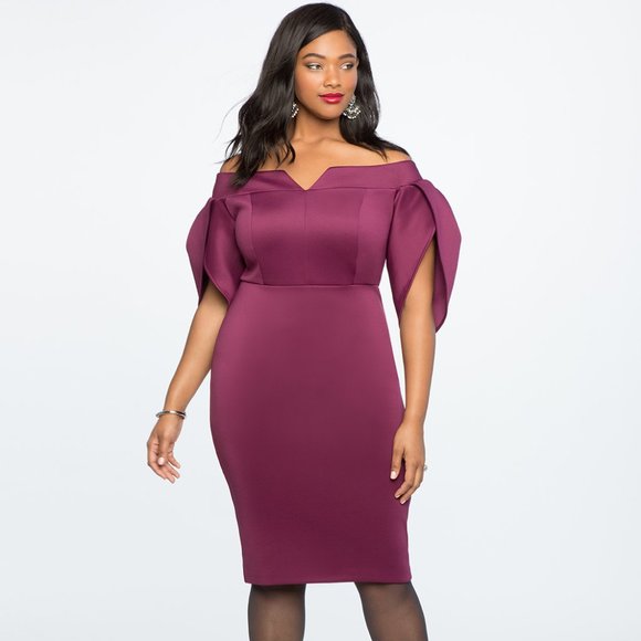 { Eloquii Dress } Plum Wine Tulip Sleeved Knee Length - Picture 2 of 9